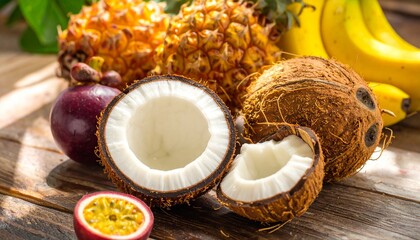 Halved coconuts take center stage in a vibrant tropical fruit arrangement, surrounded by bananas, passion fruit, pineapple, mangoes, and a green apple on a rustic wooden surface.