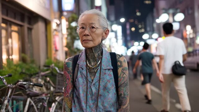 Old Asian woman with tattoos walking street at night