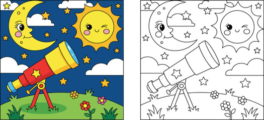  Cute Cartoon Sun, Moon, and Telescope Vector Illustration – Astronomy for Kids, Space Exploration, and Science Education Graphics