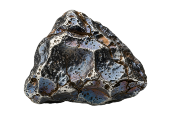Close-up view of a space rock, exhibiting intricate patterns and variations in dark gray and metallic tones against a stark black background.