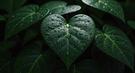 Vibrant heart-shaped green leaf adorned with sparkling water droplets, symbolizing nature's freshness and renewal after rain.