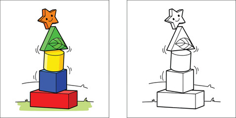 Colorful Stacking Toy Blocks with Star Topper Vector Illustration – Educational Play and Children's Development Graphics