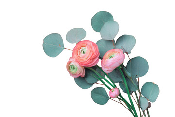 Delicate arrangement of pastel-colored ranunculus and eucalyptus