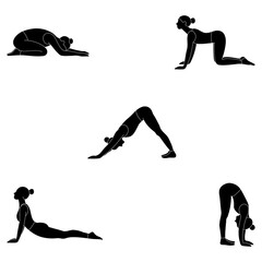 Morning yoga poses silhouette set. Collection of black yoga exercises for beginners and daily stretching. Fitness clipart for wellness, meditation, healthy lifestyle projects.