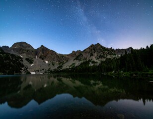 Night reflection of mountains over a lake with a Milky Way