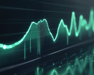 Green glowing waveform visualization on a dark background showing data analysis and digital signal processing
