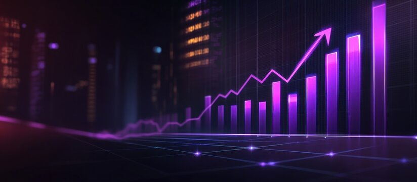 Upward trending stock market chart with glowing purple bars showing financial growth - Powered by Adobe