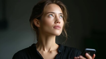 Home setting with a thoughtful woman using a smartphone in soft light representing contemplation, technology, lifestyle, connection, focus, mindfulness - Powered by Adobe