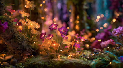 Ethereal fairy garden with glowing spring flowers, fantasy spring aesthetic