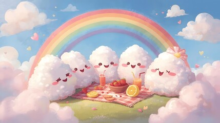 A whimsical illustration of cute rice balls enjoying a picnic on a cloud under a colorful rainbow.