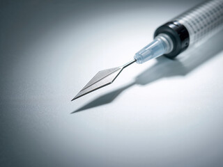 Sharp surgical scalpel blade tip with syringe barrel in background medical