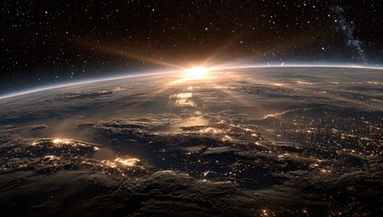 Fototapeta premium Earth rising, sunrise from space. Vast expanse of planet with clouds, and city lights. Stars visible above. Golden sun rising