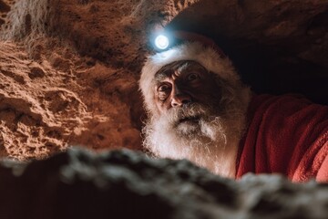 Santa Claus spelunking adventure with headlamp in narrow cave