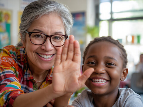 Smiling teacher and young student giving a high five in classroom image