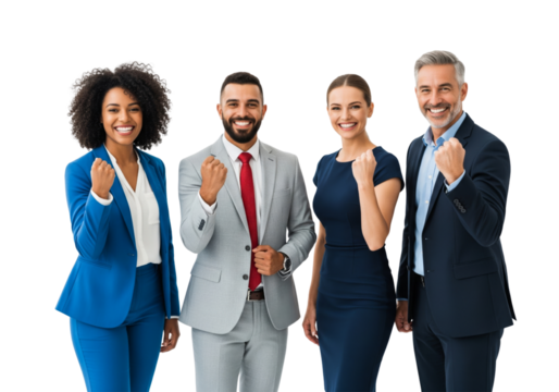 A joyful and triumphant image of four diverse business people, composed of two men and two women, standing together in a line, isolated on white or transparent background