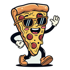 Happy cheesy pepperoni pizza slice character wearing sunglasses and waving hello vector