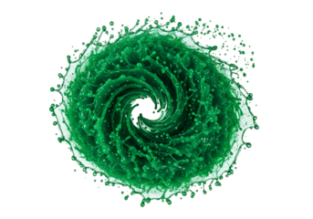 Vibrant emerald green liquid swirls in a dynamic splash pattern against a black backdrop.