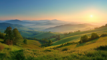 Obraz premium Fresh morning sunrise over green rolling hills in spring, panoramic dreamy shot