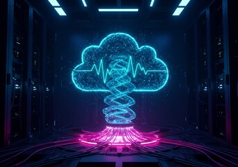 Neon Cloud Computing Server Room with Heartbeat
