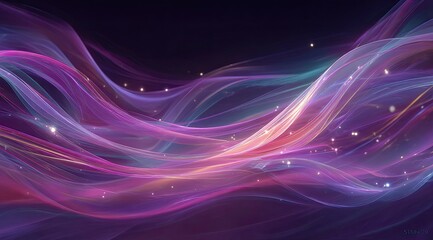 Abstract swirling ribbons of light in shades of purple, pink, and teal, with shimmering particles