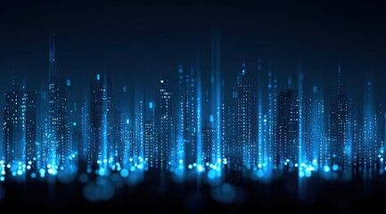 Futuristic city skyline at night, glowing with digital light trails
