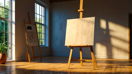Empty sunny art room with easels and large windows