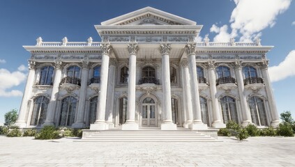 Grand, white mansion facade under a clear sky
