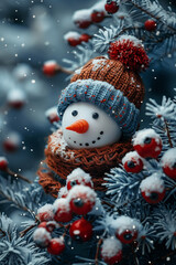 Cute snowman ornament with hat and scarf on snowy pine branches

