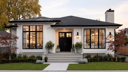 Fototapeta premium Modern white house with dark trim and black door
