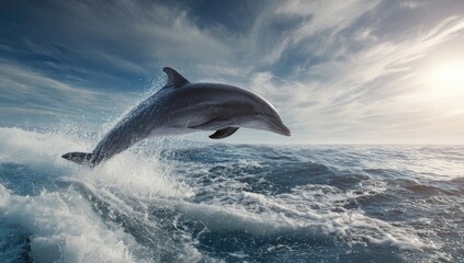 Dolphin leaps, ocean waves, dramatic sky
