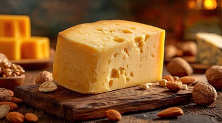 Aged cheese wedge on rustic board, surrounded by nuts