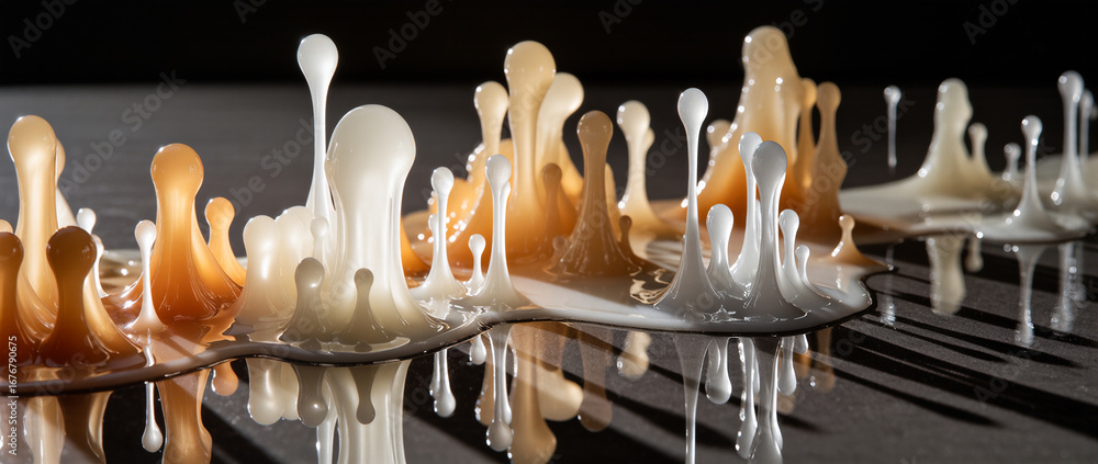 Poster dripping colors create a mesmerizing flow across a reflective surface