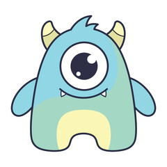 Fototapeta premium Cute cartoon cyclops monster with horns and friendly expression for children's content vector