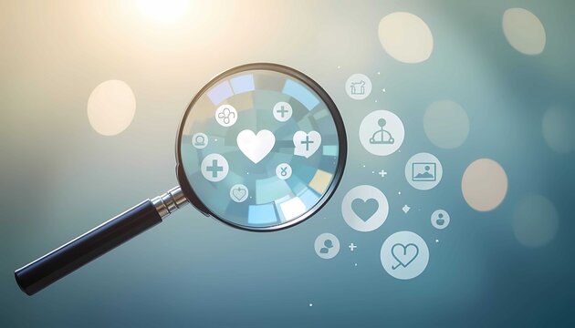 Medical research education concept with magnifying glass, clinic, analysis