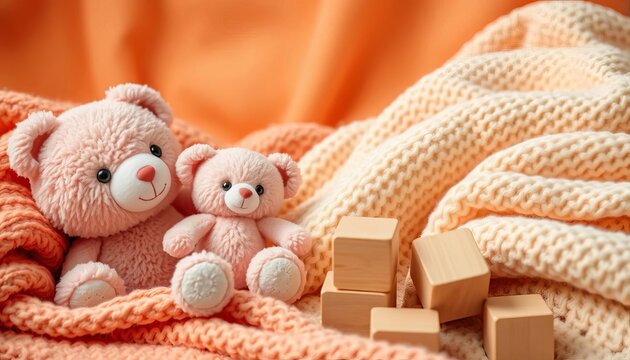 Soft, plush toys in warm hues; textured blankets, smooth wooden blocks,  development,  texture