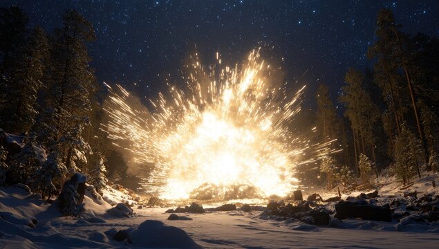 Explosive display bursts over a snowy landscape at night