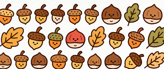 Fototapeta premium Cute and colorful illustrations of cheerful acorns and leaves