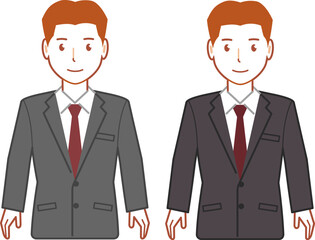 グレースーツ、ベリーショートの両手を下ろす若い男性