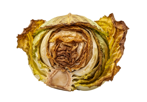 Close-up view of a wilted cabbage head, showcasing its intricate layers and dried, muted tones against a stark black backdrop.