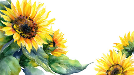 Watercolor Sunflowers on White Background with Copy Space as Floral Illustration, sunflowers on white background