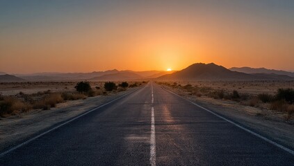 Naklejka premium A paved road stretches into a desert sunrise. Sunrise over a vast, arid landscape. Golden light bathes distant hills. Peaceful, empty highway