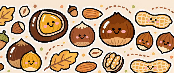 Cute and cheerful illustration of autumn nuts with friendly faces