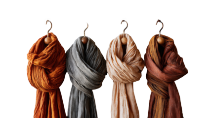 Four draped scarves in muted tones