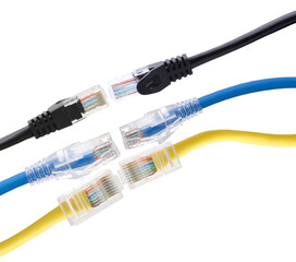Multi colored network cables with molded RJ45 plug on transparent background (PNG File)