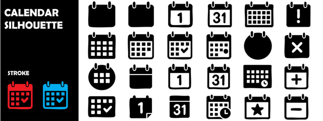 Calendar Silhouette Vector Icons &ndash; Date Planner, Schedule, Time Management Symbol