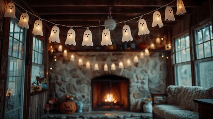 Obraz premium Cozy rustic living room decorated with glowing ghost string lights