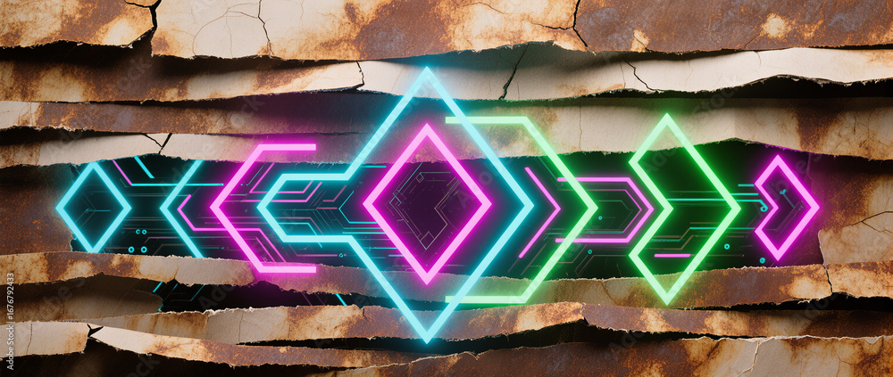 Aufkleber neon geometric patterns emerging from a rustic surface