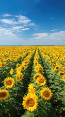 Obraz premium Vast field of sunflowers under a bright blue sky, conveying natural beauty