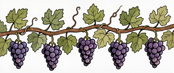 Grapes hang from vine under soft sunlight in a vibrant green vineyard