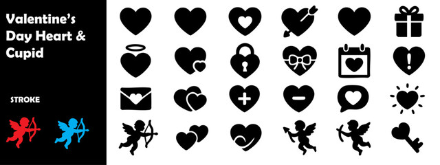 Valentine’s Day Heart & Cupid Silhouette Vector Icons – Love, Romance, Holiday Symbols